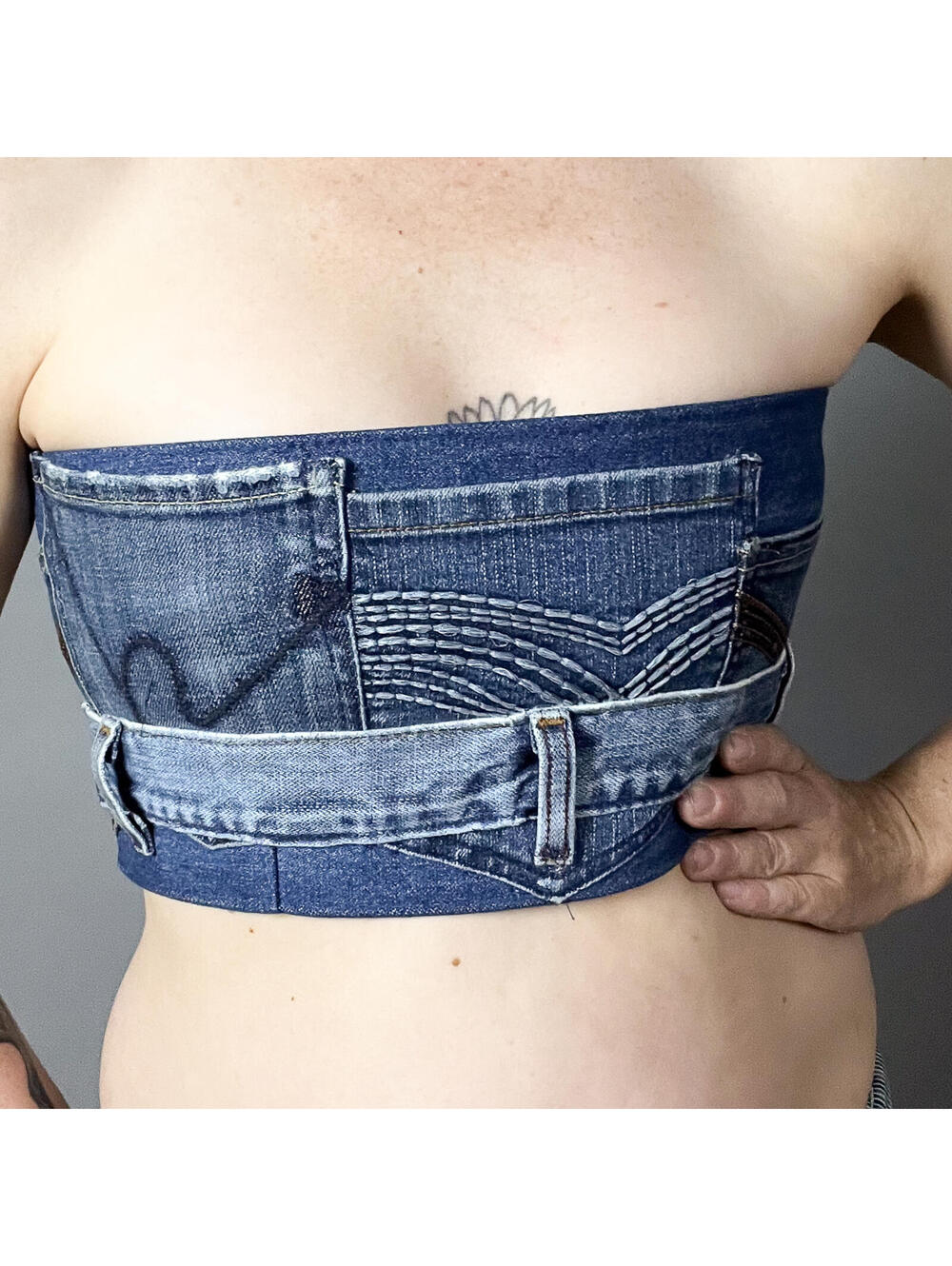 Denim Tube Top | Upcycled Denim Bandeau Top Lace Up Reworked Jeans